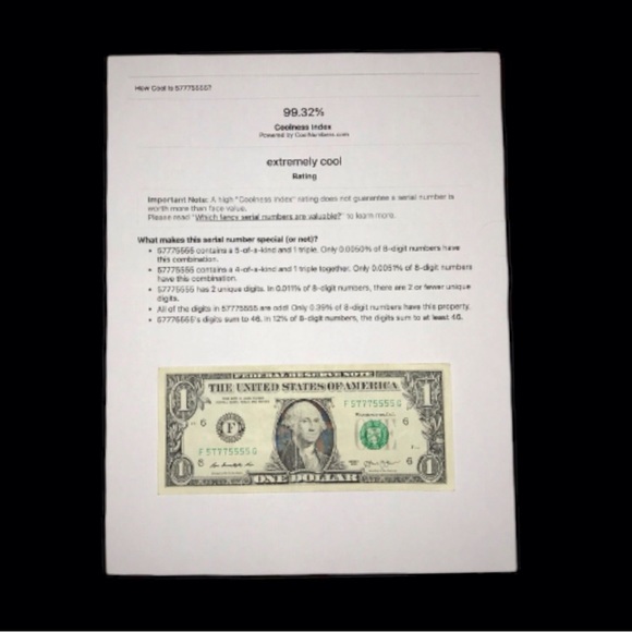 "F 5777-5555 G"- Binary, Repeater and Fancy $1.00 Bill - Picture 3 of 5